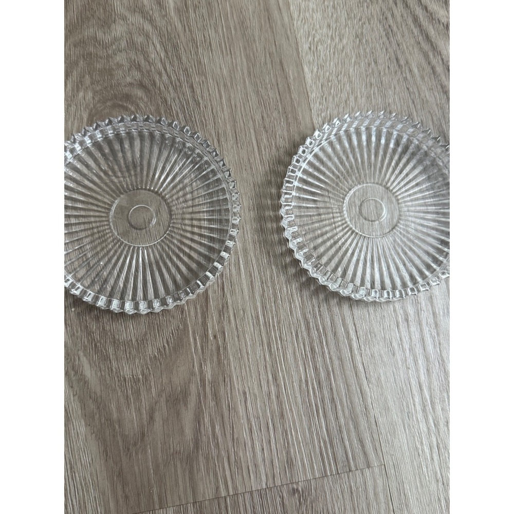 Vintage Clear Pressed Glass Sunburst Coasters Scalloped Edge Set of 2